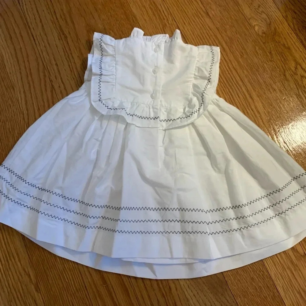 Janie and Jack White Cotton Baby Dress with Navy Thread Detail Size 0-3 Mths - Picture 5 of 5